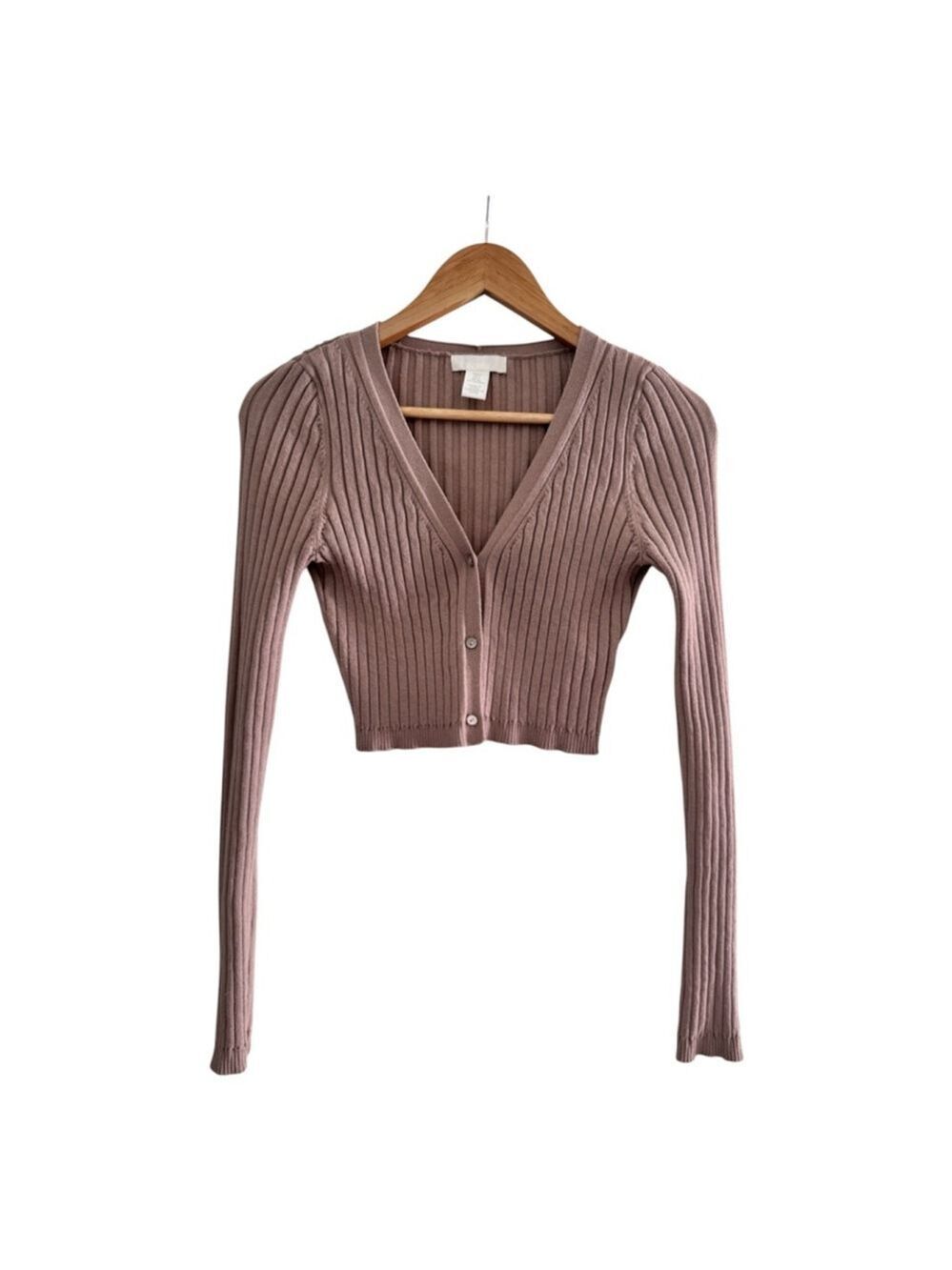 H&M Rib Knit Cropped Cardigan Dusty Nude Button Front